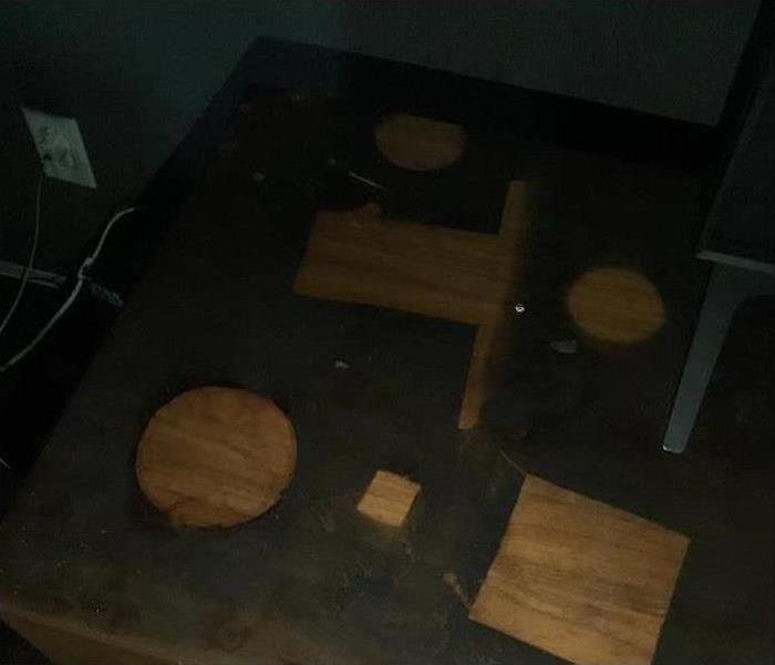soot damaged desk 
